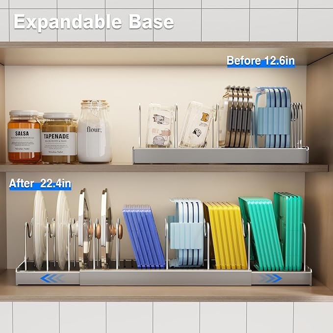 Mustorn Pots and Pans Organizer Under Cabinet, 22" Expandable Food Storage Container Lid Organizers with 9 Adjustable Dividers Pot and Pan Lid Holders Rack Inside Cabinet/Countertop(1 Pack, Gray) - Image 3