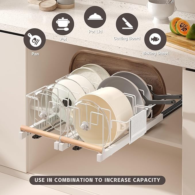 Magheo Pull Out Pots and Pans Organizer Under Cabinet, 22" Deep Expandable Pot Lid Organizer and Storage with 10 Adjustable Dividers Adhesive Pot and Pan Holder Rack with Handle Bracket(1 Pack,White) - Image 2