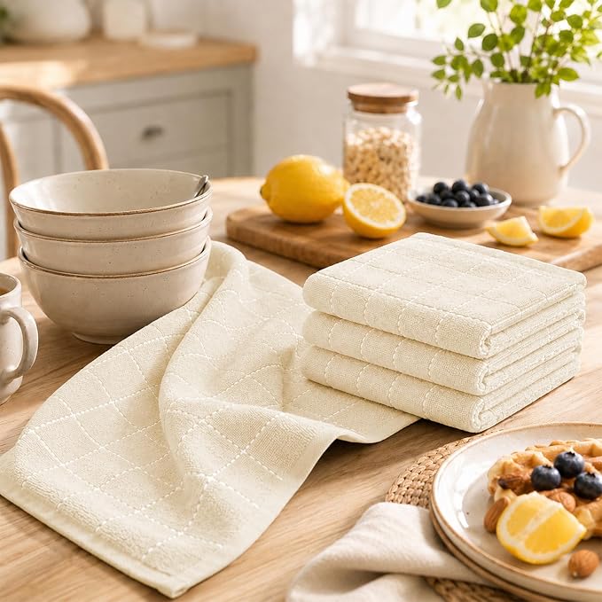 Kitinjoy 100% Cotton Terry Kitchen Towels, 13”x 28”, 4-Pack, Beige | Checkered Designed, Ultra Soft Absorbent Quick Drying Dish Towels - Image 3