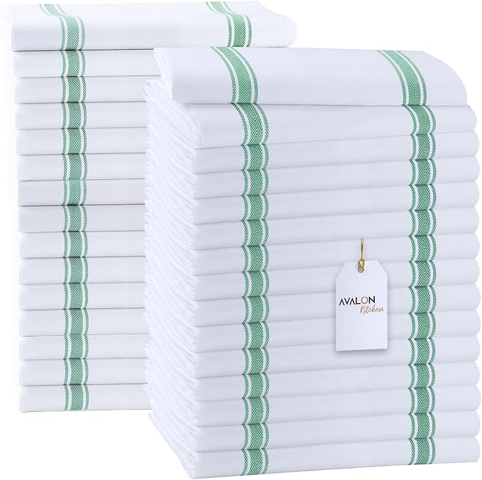 Dish Towels 30 Pack Green Stripe 100% Cotton Kitchen Towel 15x25 Inch Tea Towels, Bulk Dish Cloths for Washing Dishes, Kitchen Rags for Drying Dishes by Avalon+Kitchen