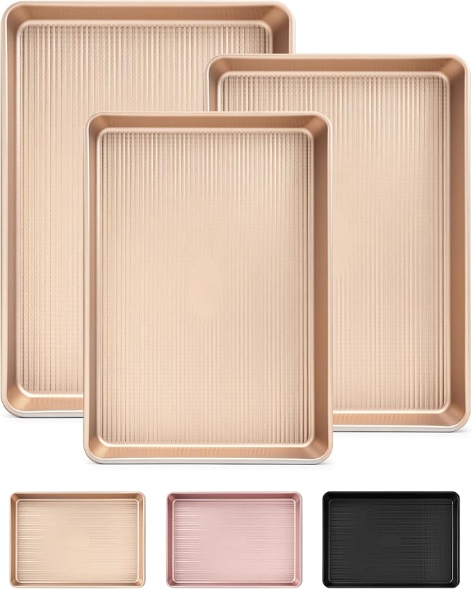 Saker 3-Piece Heavy Duty Carbon Steel Baking Sheets Set,Non-Stick Cookie | | Oven Safe, Even Heating, for Baking, Roasting, Cooking – Professional Grade (Champagne Gold) by Unknown