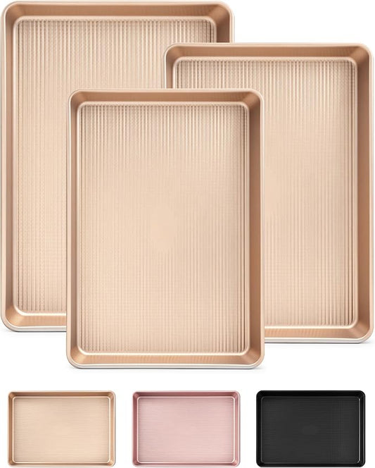 Saker 3-Piece Heavy Duty Carbon Steel Baking Sheets Set,Non-Stick Cookie | | Oven Safe, Even Heating, for Baking, Roasting, Cooking – Professional Grade (Champagne Gold) by Unknown