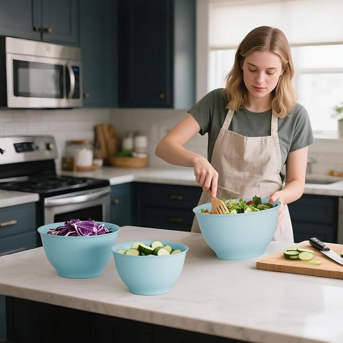 TP Melamine Mixing Bowl Set with Lids, Salad Bowl Set of 3, Glossy Teal | Nesting Design,Break-resistant,Pasta & Salad Prep, Baking Prep, Space-saving Storage, Freezer Safe, Dishwasher Safe - Image 5