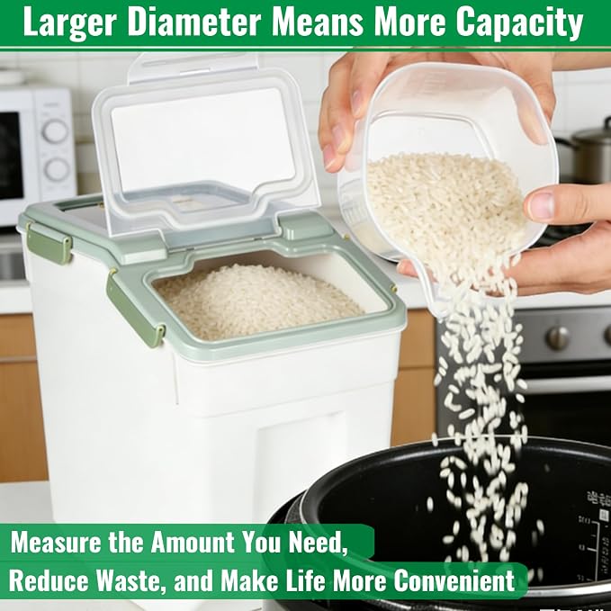 Rice Container 25 lbs Large Bulk Flour Sugar Storage Holdhouse Plastic Grain Cereal Dry Goods Bin with Spoon and Measuring Cup for Kitchen Pantry Organization - Green - Image 7