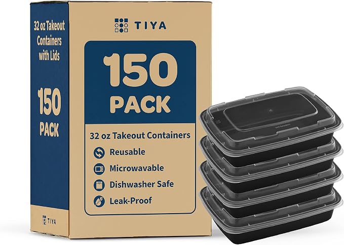 TIYA Food Containers - 32 oz Bulk 150 Pack with Lids - Rectangular Plastic To-Go Containers - Reusable, Microwavable, Dishwasher Safe - Leak-Proof for Meal Prep - BPA-Free by TTIYA
