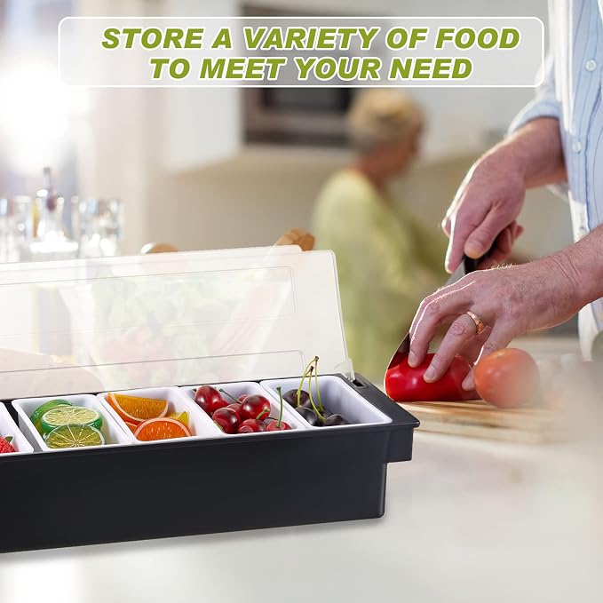 Tessco for you Garnish Tray with Lid Bar Caddy Ice Cooled Condiment Serving Container with Ice Scoop Metal Mini Serving Tongs Fruit Fork Spoons for Food Home Party Kitchen(Plastic,6 Grids) - Image 4