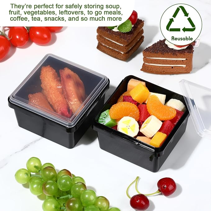 12 oz 50 Pack Small Square Deli Containers with Lids Plastic Freezer Food Reusable Meal Dessert Ice Cream Containers with Labels for Takeout Meal Storage Microwave Freezer Safe(Black) - Image 5