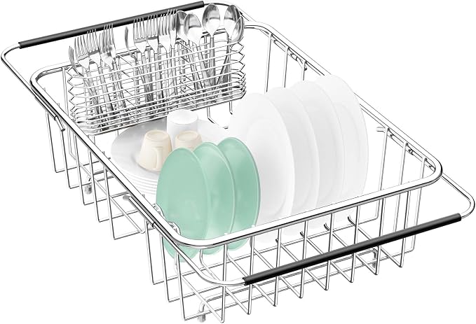 Fanbsy Large Dish Drainer Rack in Sink Adjustable, Expandable 304 Stainless Steel Metal Dish Drying Rack Organizer with Stainless Steel Utensil Holder Over Inside Sink Counter, Rustproof by Fanbsy