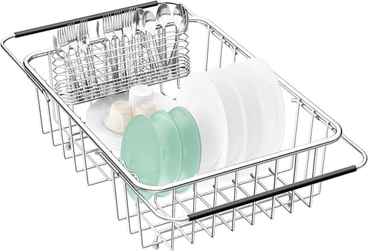 Fanbsy Large Dish Drainer Rack in Sink Adjustable, Expandable 304 Stainless Steel Metal Dish Drying Rack Organizer with Stainless Steel Utensil Holder Over Inside Sink Counter, Rustproof by Fanbsy