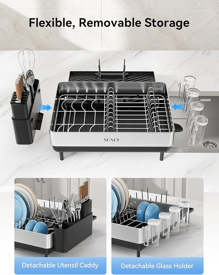 Large Dish Drying Rack, Expandable Dish Rack for Kitchen Counter, 304 Stainless Steel Space Saving Dish Drainer with Multifunctional Flip Up Pegs - Image 4