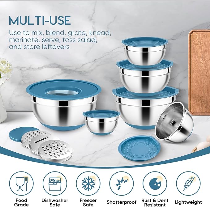 E-far 25PCS Mixing Bowls with Lid Set, Stainless Steel Nesting Prep Bowls with Grater Attachments Non-Slip Bottoms for Cooking, Baking, Serving, Food Storage, 4.6/2.6/2/1.5/1/0.7QT - Blue - Image 6