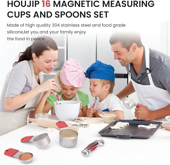 Magnetic Measuring Cups and Spoons Set-Heavy Duty 304 Stainless Steel，Double Measurement Markings，Set of 16 with Leveler for Measure Dry and Liquid Ingredients (Red) - Image 3