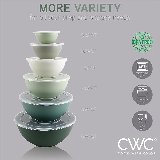 COOK WITH COLOR Mixing Bowls with Lids - 12 Piece Plastic Nesting Bowls Set includes 6 Prep Bowls and 6 Lids, Microwave Safe Mixing Bowl Set, Sage - Image 4