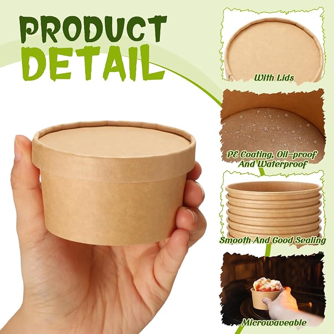Fulmoon 100 Pack Paper Soup Containers with Lids Disposable Paper Food Containers with Vented Lid Kraft Ice Cream Cake Dessert Cups Soup Bowl for Party Hot Food Fruit Microwave(4 oz,Brown) - Image 3