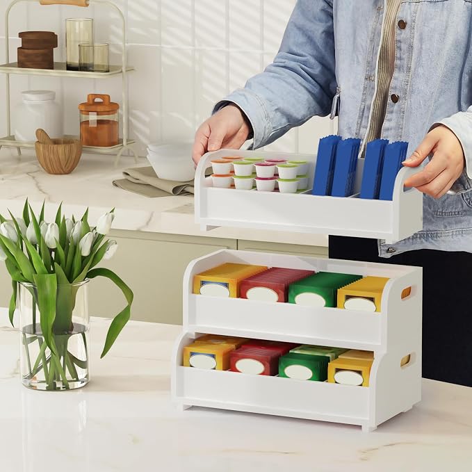 3-Tier Bamboo Tea Bag Organizer, Stackable Tea Holder for Countertop, White | Tea Box Shelf with Removable Dividers, Wall Mount Large Capacity Tea Organizers and Storage for Pantry Kitchen Office Bar - Image 4