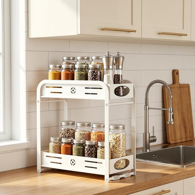 Aduanbang 2-Tier Counter Organizer Shelf, Metal Spice Rack for Kitchen, Vanity, Coffee Area and Home Office, Black (White, 2 Tier) - Image 2