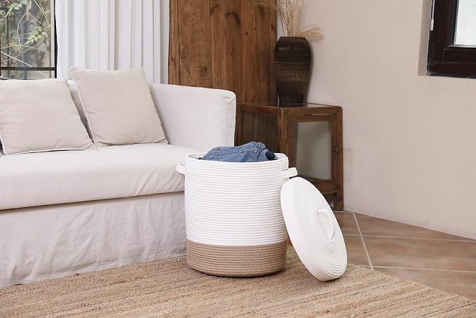 16x18 Inch Extra Large Round Cotton Rope Storage Basket with Lid, Decorative Woven Bin with Cover for Living Room Bedroom Closet, White & Jute - Image 4