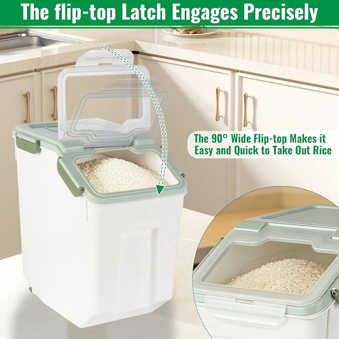 Rice Container 25 lbs Large Bulk Flour Sugar Storage Holdhouse Plastic Grain Cereal Dry Goods Bin with Spoon and Measuring Cup for Kitchen Pantry Organization - Green - Image 5