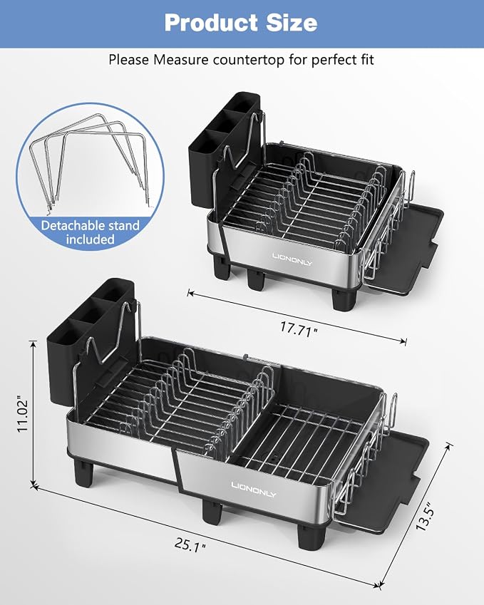 Dish Drying Rack, 304 Stainless Steel Exendable Dish Rack with Adjustable Drain Spout, Large Capacity Dish Drainer with Utensil Holder, Cup Holder and Cutting Board Rack for Kitchen Counter, Black - Image 7