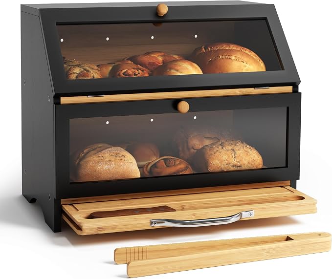 MAISONPEX Double Layer Bamboo Bread Box for Kitchen Countertop, Large Capacity, Cutting Board, Stainless Steel Bread Knife, Double Layer Storage Container with Clear Windows, Black by MAISONPEX