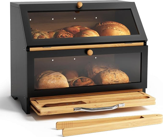 MAISONPEX Double Layer Bamboo Bread Box for Kitchen Countertop, Large Capacity, Cutting Board, Stainless Steel Bread Knife, Double Layer Storage Container with Clear Windows, Black by MAISONPEX