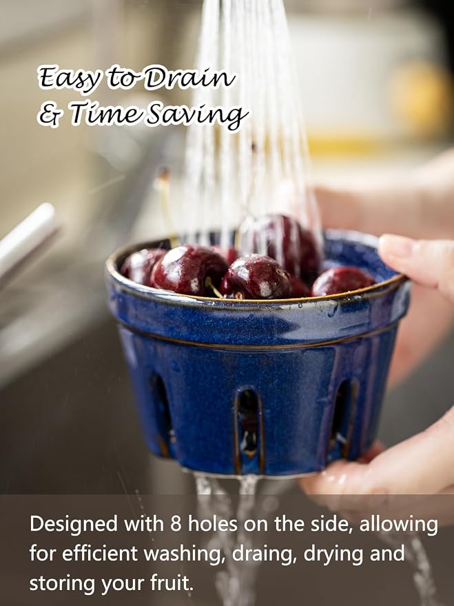 Gomakren Ceramic Berry Bowls with Holes Set of 2 for Fridge, Cobalt Blue | Drain holes keep fruits fresh, stackable, wash & serve, round strawberry basket for fridge kitchen counter, lovely home gift - Image 5