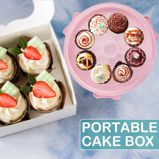 Cake Carrier Round Cake Stand Plus Height Cake Container with Cupcakes Pad, Handle, Lid Reusable Package Box for Transporting Desserts,Pie,Toast,Fruit (10" Pink) - Image 6
