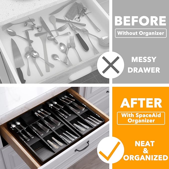 SpaceAid Bamboo Silverware Drawer Organizer with Labels, Kitchen Utensil Tray Holder Organizer for Flatware, Cutlery, Spoon and Knives Drawer Storage Organization (Black, 6 Slots) - Image 2