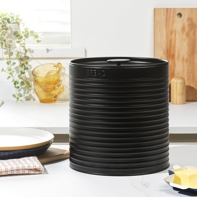 Russell Hobbs Ribbed Round Bread Bin – Metal Bread Box, Large Kitchen Canister, Countertop Storage/Organisation, Durable Powder-Coated Steel, Pull Top Lid, Easy to Clean, Ribbed Design, Black - Image 2