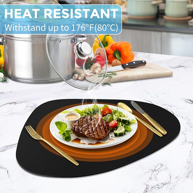 Faux Leather Placemats Set of 8, Wipeable & Washable Table Mats | Waterproof, Heat-Resistant & Easy to Clean Round Place Mats for Dining & Kitchen, 17''x13'', Black - Image 2