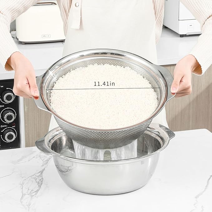 Paoli 304 Stainless Steel Fine Mesh Colander Set, 5QT Large Capacity Strainer with Mixing Bowl — Rinse Fruits, Veggies, Rice & Drain Pasta, Dishwasher Safe (2-Piece) - Image 2