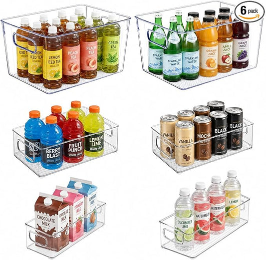 Stackable Refrigerator Organizer Large Bins, 6 Pack (3 Different Size) Clear Kitchen Organizer Container Bins with Handles for Pantry, Cabinets, Shelves, Drawer, Freezer, Fridge - Food Safe, BPA Free by Epzia