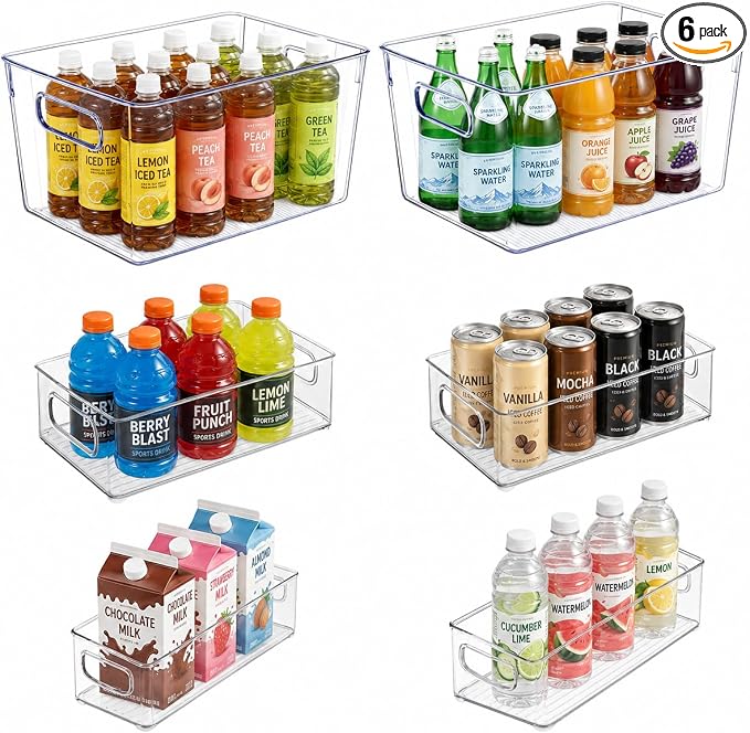 Stackable Refrigerator Organizer Large Bins, 6 Pack (3 Different Size) Clear Kitchen Organizer Container Bins with Handles for Pantry, Cabinets, Shelves, Drawer, Freezer, Fridge - Food Safe, BPA Free by Epzia