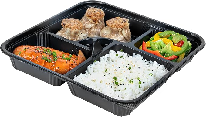 Restaurantware-Bento Tek 39.6 Ounce Meal Prep Containers, 100 Disposable To Go Food Boxes - Lids Sold Separately, 5 Compartments, Black Plastic Bento Lunch Boxes, Microwavable, Freezable - Image 2