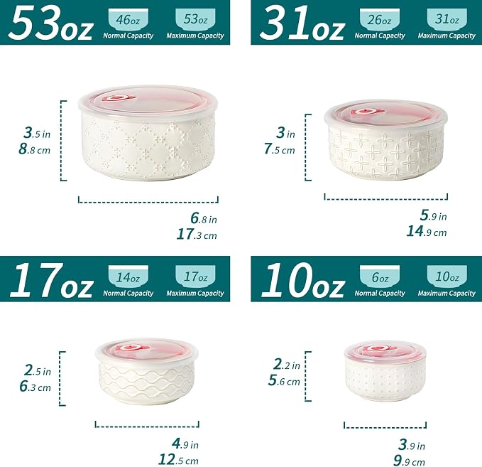 vicrays Ceramic Nesting Bowls with Lids, Set of 4, Embossed Serving Bowls for Food Storage, Popcorn, Salad etc, Microwave & Dishwasher Safe, 10oz to 53oz - Image 3