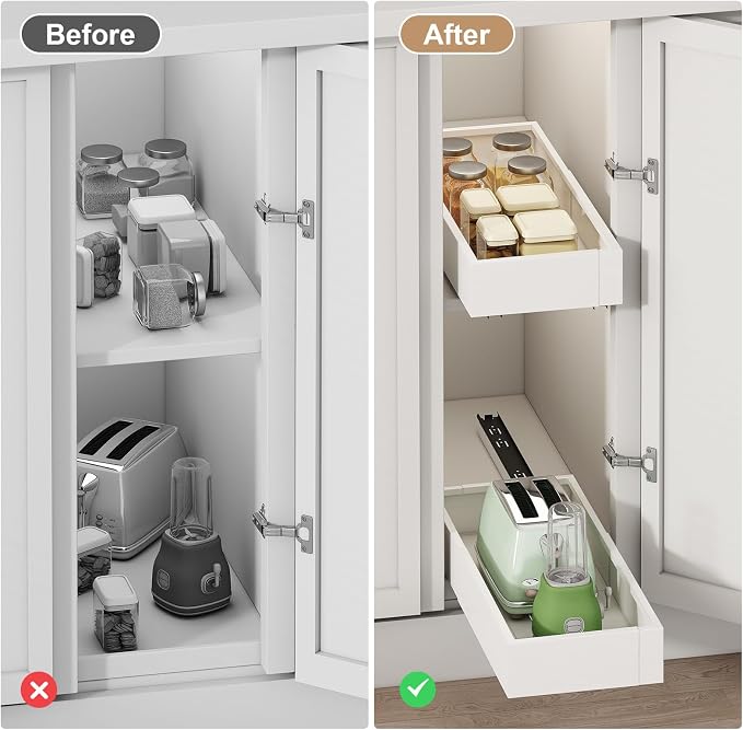 Fokyfok Pull out Cabinet Organizer,7"-11"W, 17"-24"D,Expandable,Adhesive | No Drill,Adjustable Slide out Drawers for Kitchen,Pantry,Roll out Shelves,for Cabinets Without Lip,Bathroom,White,1PC - Image 6