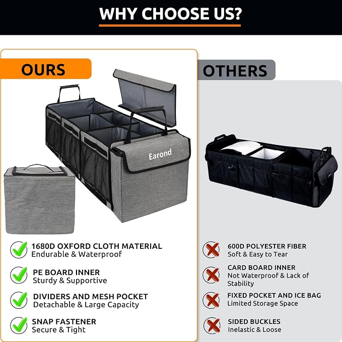 Collapsible Trunk Organizer with Insulated Leakproof Cooler Bag,Removable Lid,Adjustable Securing Straps,3 Compartments Trunk Organizer for SUV,Truck,Sedan(Light Grey) - Image 6