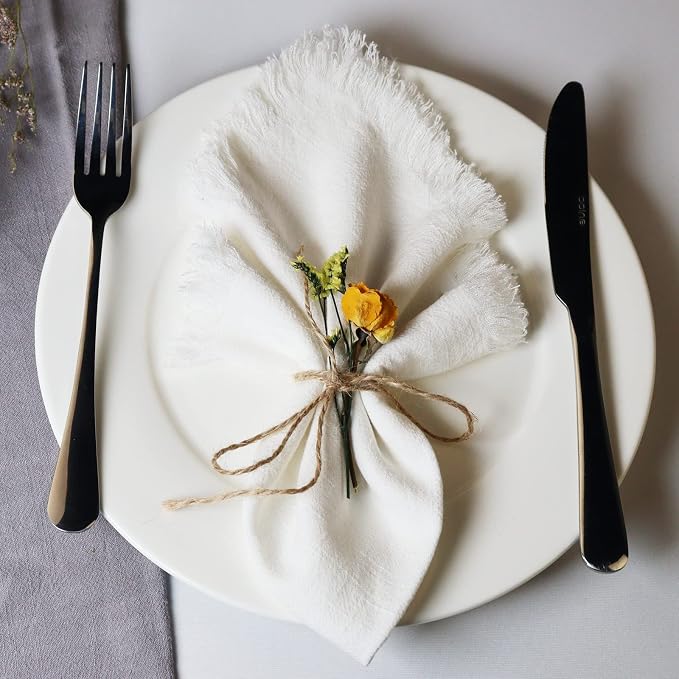 Handmade Cloth Napkins with Fringe,18 x 18 Inches Cotton Linen Napkins Set of 6 Versatile Handmade Square Rustic Fringe Napkins for Dinner, Wedding and Parties, White - Image 2