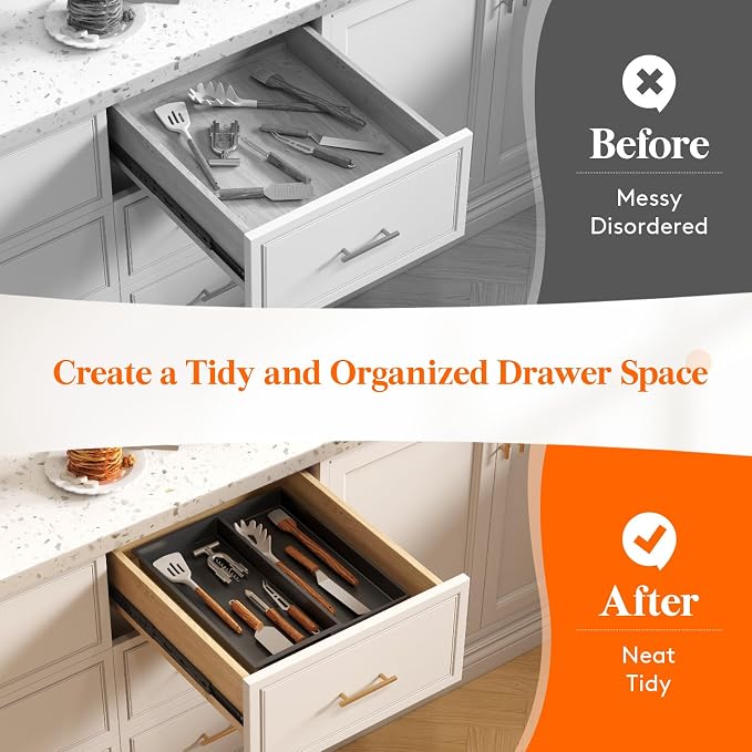 Lifewit Utensil Organizer for Kitchen Drawer, Expandable Cooking Tray | Adjustable Cutlery Flatware Holder, Plastic Silverware Spatula Tools Storage Divider, 7.5-12.9 x 16.1", Black - Image 8