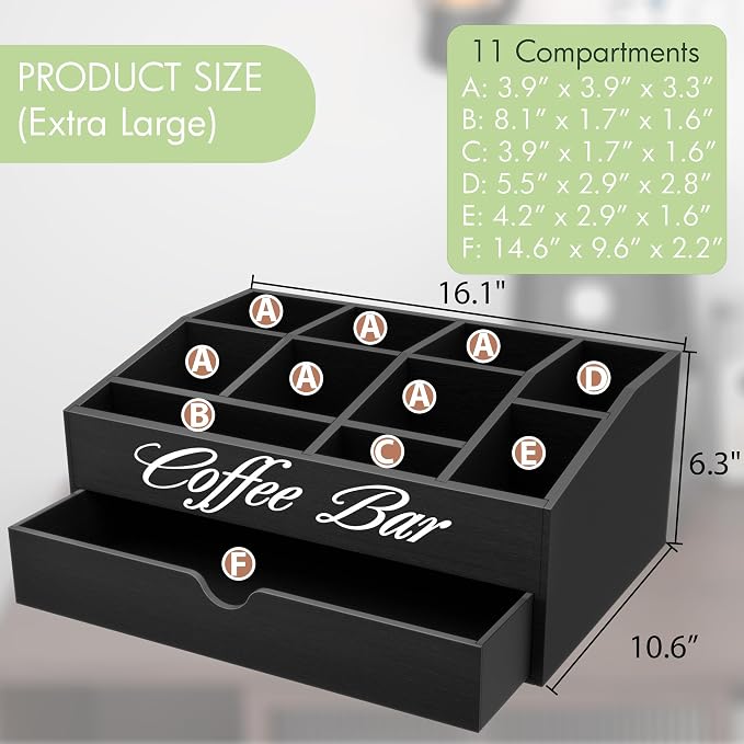 Suli 2-Tier Coffee Bar Station Organizer for Countertop,Extra large | Coffee Storage Basket for Kitchen Counter,Office,Hotel,Pod Holder with Drawer for Condiment Syrup,Tea Cup,Wooden,Rustic Black - Image 3