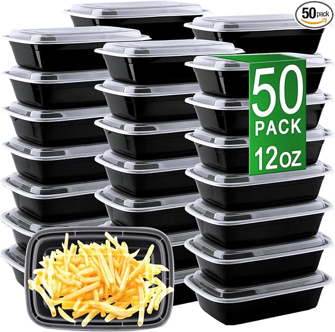 12oz Meal Prep Containers, 50 Pack Disposable Food Storage Boxes with Lids | Small, Single Compartment, Leakproof Lids, BPA Free, Microwave Freezer Safe, Plastic To Go Bento Boxes for Lunch Takeout by Apsic