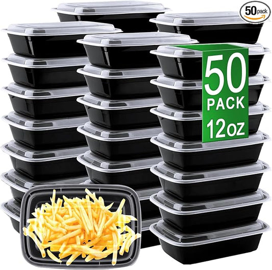 12oz Meal Prep Containers, 50 Pack Disposable Food Storage Boxes with Lids | Small, Single Compartment, Leakproof Lids, BPA Free, Microwave Freezer Safe, Plastic To Go Bento Boxes for Lunch Takeout by Apsic