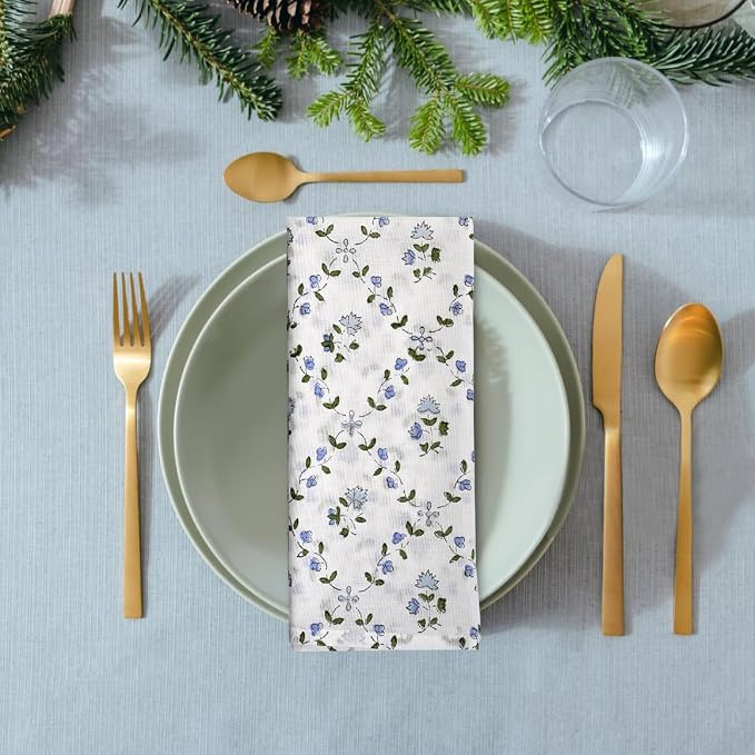 Powder Blue Hand Block Print 100% Cotton Napkins 18" x 18" (Set of 4) Reuseable Kitchen Napkins Cloth Decor Dinner Party Wedding Cocktail Gift for Spring, Easter, Summer - Image 3