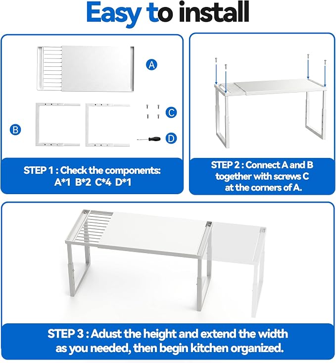 2 Packs Expandable Cabinet Shelf Organizer, Stackable Countertop Shelves | 15.8''- 25.5'' In Cabinet Shelf, Adjustable Kitchen Cabinet Organizer for Pantry Organizer, CupBoard Organizers and Storage - Image 8