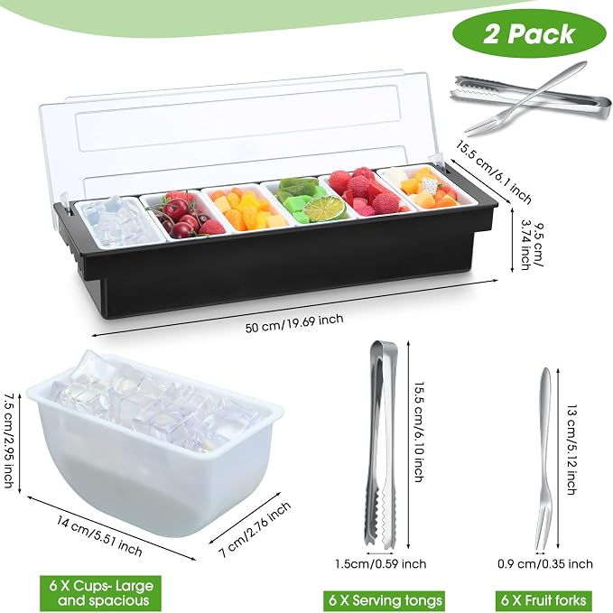 2 Pcs Garnish Tray with Lid for Bartender Condiment Caddy Removable Chilled Fruit Condiment Server with 6 Tong and 6 Fork for Serving Salad Bar Topping Organizer for Restaurant Supply(6 Compartments) - Image 2