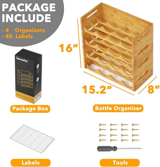 SpaceAid Bamboo Water Bottle Organizer with Labels, Kitchen Pantry Water Bottle Storage Rack for Cabinets, Home Cup and Wine Bottle Holder Shelf Organizers, 4 Pack 4-Slot, Hold 16 Bottles - Image 5