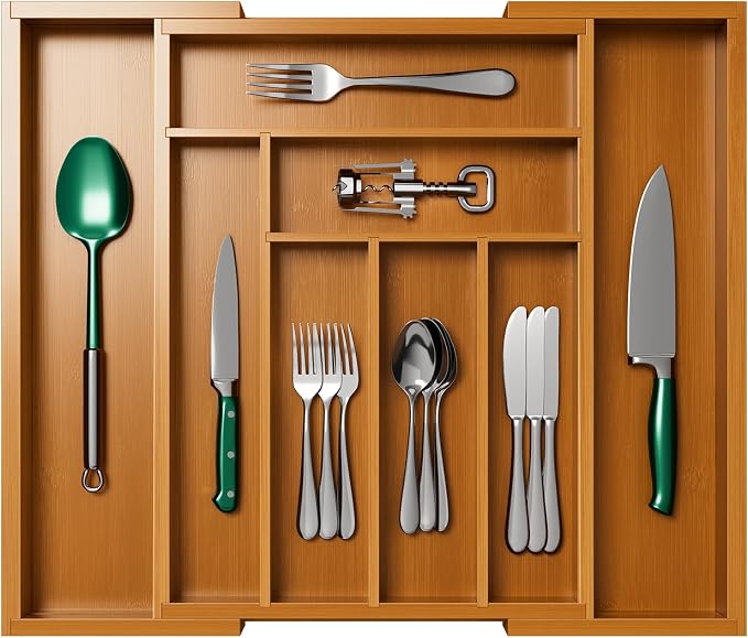 Pipishell Bamboo Expandable Drawer Organizer for Utensils Holder, Adjustable Silverware Organizer Cutlery Tray, Drawer Dividers for Utensils, Flatware, Knives in Kitchen, Bedroom, Living Room Brown - Image 7