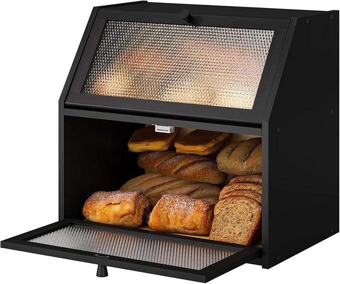 STDDRE Bread Box for Kitchen Countertop Bin Double Layer Bread Box Storage Container Extra Large Capacity with Diamond Pattern Windows (Black, Extra Large) by LifeTakesaDifferentTurn