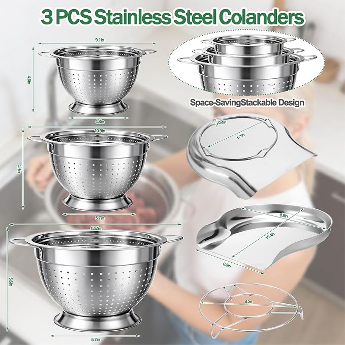 Strainers and Colanders for Kitchen, 3-Piece Stainless Steel Set Pasta and Rice Strainer with Handles, Raised Draining Base for Easy Counter Use (7”, 9”, 11”) - Image 7