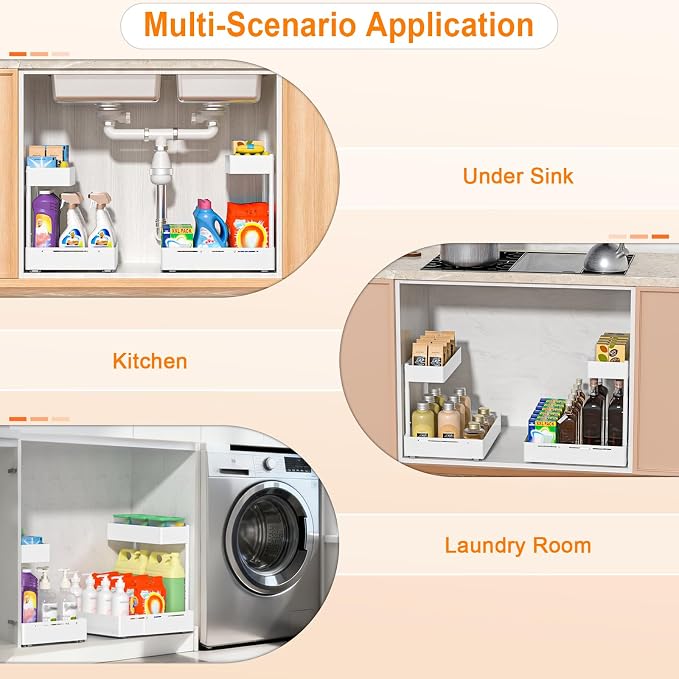 YJHome 2 Pack Expandable Under Sink Organizer, 2 Tier Pull Out Cabinet Organizer with Smooth Ball Bearing Slides, Adjustable Height Cabinet Storage Shelves for Kitchen, Bathroom, Laundry, Pantry - Image 8